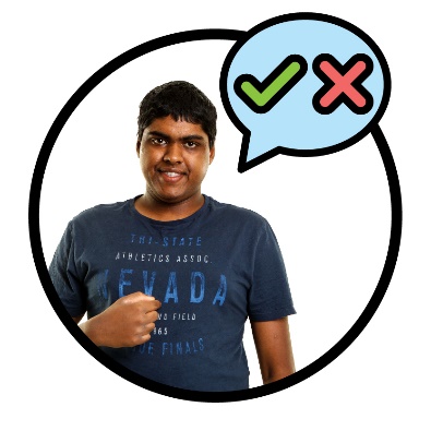 A person pointing to themself. Above them is a tick and cross inside a speech bubble.