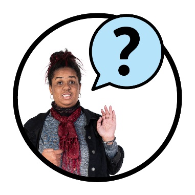A person pointing to themself next to a question mark inside a speech bubble.