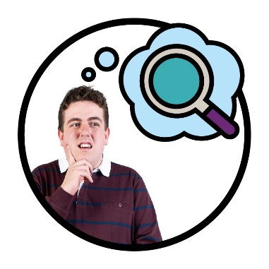 A person thinking and above them is a magnifying glass inside a thought bubble.