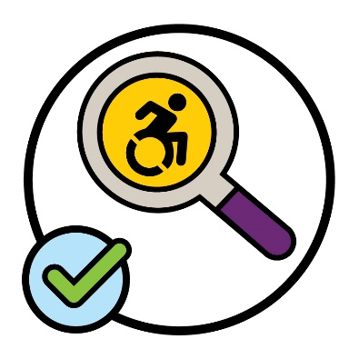 A tick next to a magnifying glass that shows a disability icon. 