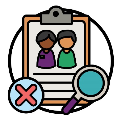 A document with an NDIA worker and participant on it. Next to the document is a magnifying glass and a cross.