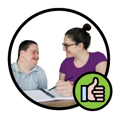 An NDIA worker supporting someone. Next to them is a thumbs up.