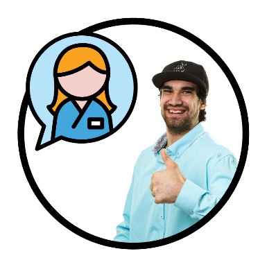 A person giving a thumbs up next to a therapy worker inside a speech bubble. 