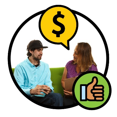A person meeting with an NDIA worker next to a thumbs up. Above them is a dollar sign inside a speech bubble.