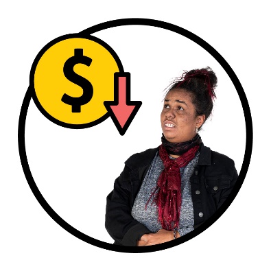 A person who looks upset next to a dollar sign with an arrow pointing down.