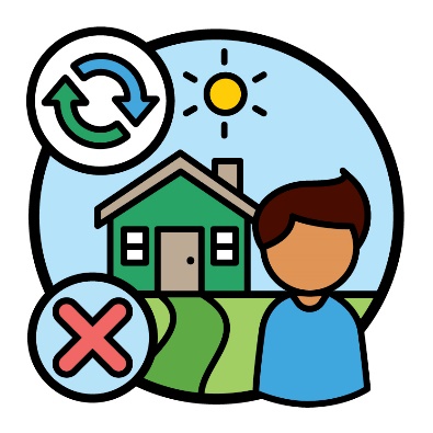 A person in front of their home next to a change icon and cross.