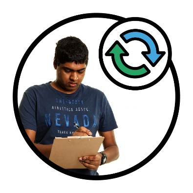 A person writing on a document next to a change icon.