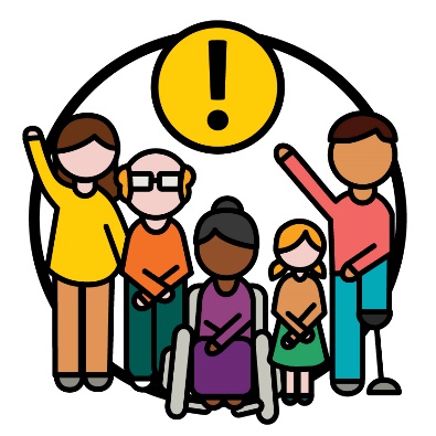 A group of participants and above them is an exclamation mark.
