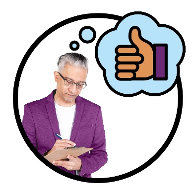 An NDIA worker writing on a document. Above them is a thumbs up inside a thought bubble.