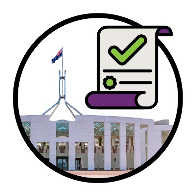 A law document with a tick on it next to parliament house. 