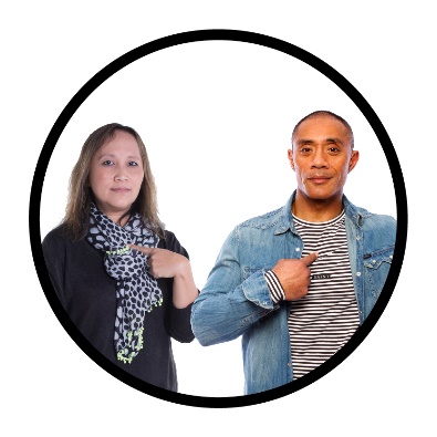 2 support people pointing to themself.