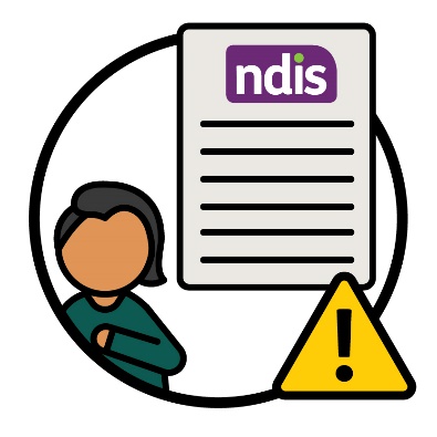 A person pointing to themself next to an NDIS document and a sign with an exclamation mark on it.