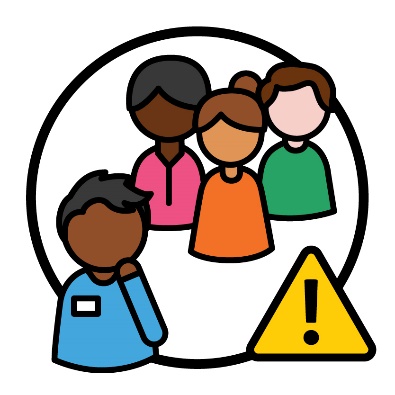 A support worker who looks unsure next to a group of people. Next to them is a sign with an exclamation mark on it.