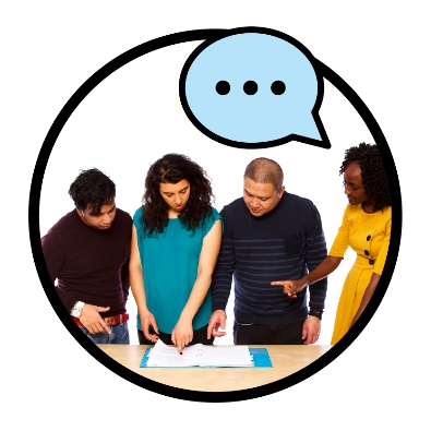 A group of people working together. Above them is a speech bubble.