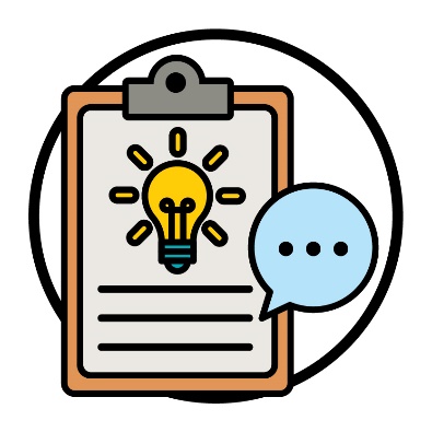 A clipboard with a lightbulb on it next to a speech bubble.