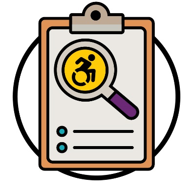 A document with a magnifying glass that shows a disability icon.