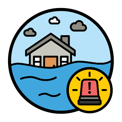 A house in a flood next to an emergency alarm. 