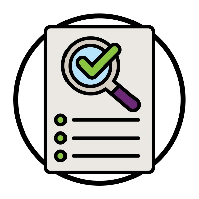 A document with a magnifying glass and tick on it.