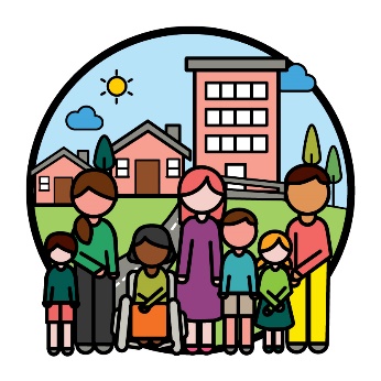 A large group of people outside with houses and buildings in the background.