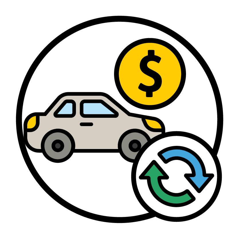 A car, a money iocn and a change icon.