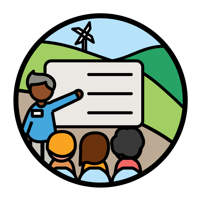 A person pointing to a white board in front of 3 students. There are hills and a windmill in the background.