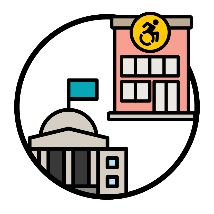 A government building and a disability organisation building.