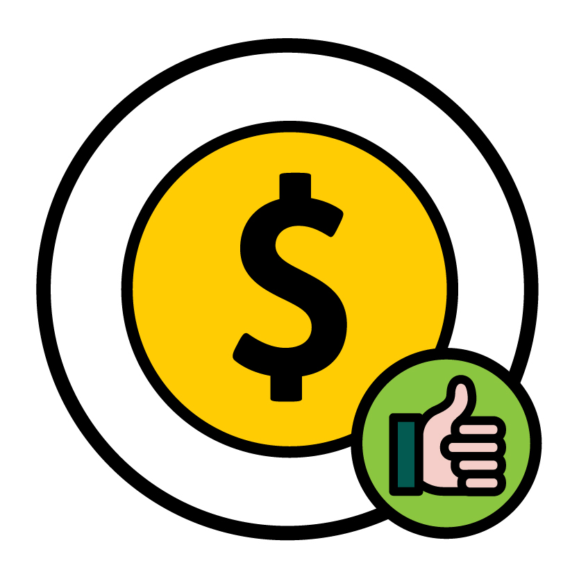 A money icon with a thumbs up icon.