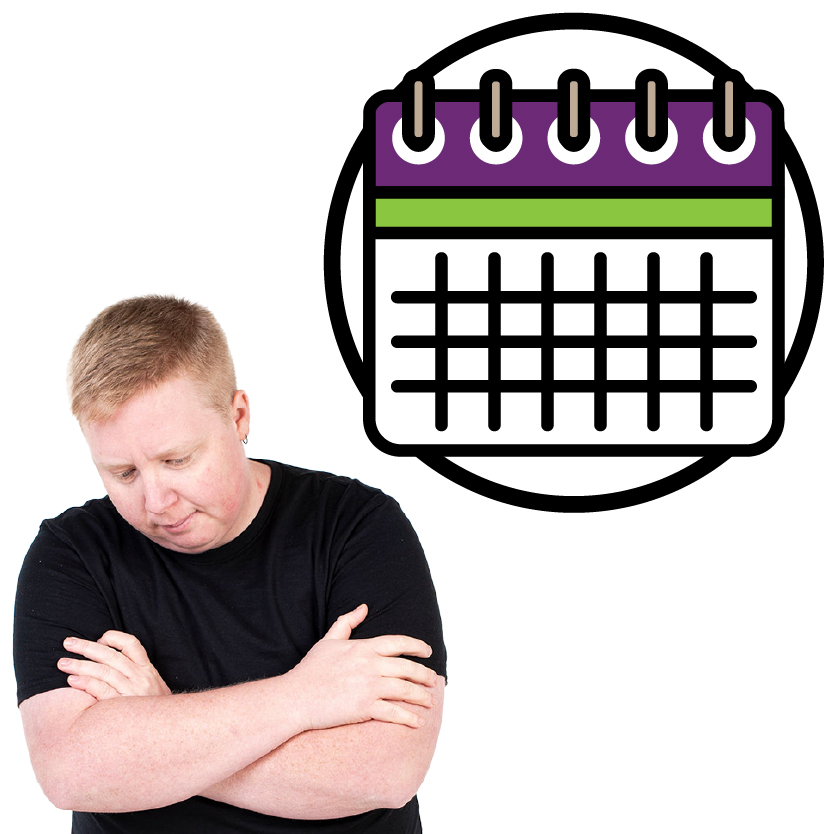 A person looking worried next to a calendar.