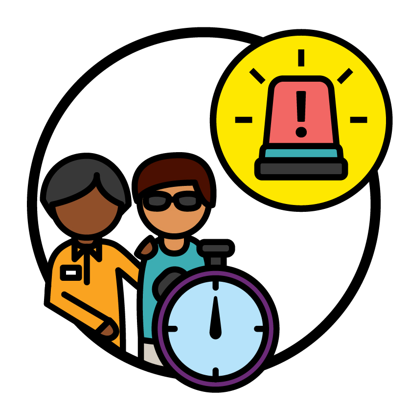 An emergency icon and a person supporting someone next to a stopwatch.