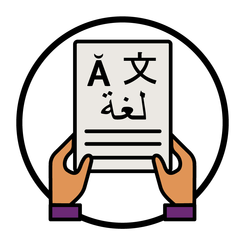 2 hands holding a document that has symbols from 3 different languages on it.