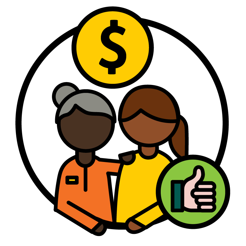 A money icon above a person supporting someone, and a thumbs up icon.