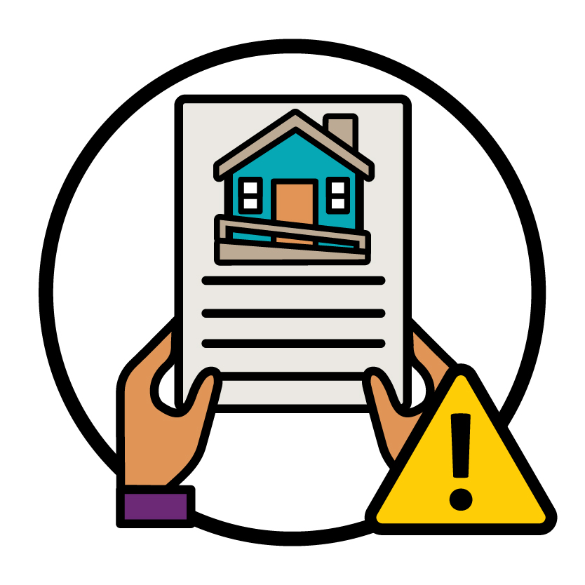 2 hands holding a document with an SDA house on it. There is a problem icon next to the document.