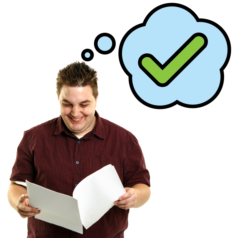 A person reading a document. There is a tick inside a thought bubble next to them.