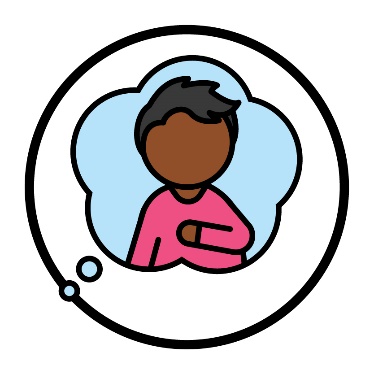 A person pointing to themself inside a thought bubble.