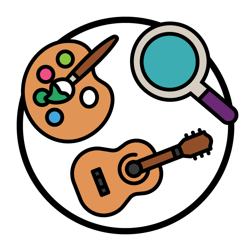 A painting palette, a guitar, and a magnifying glass.
