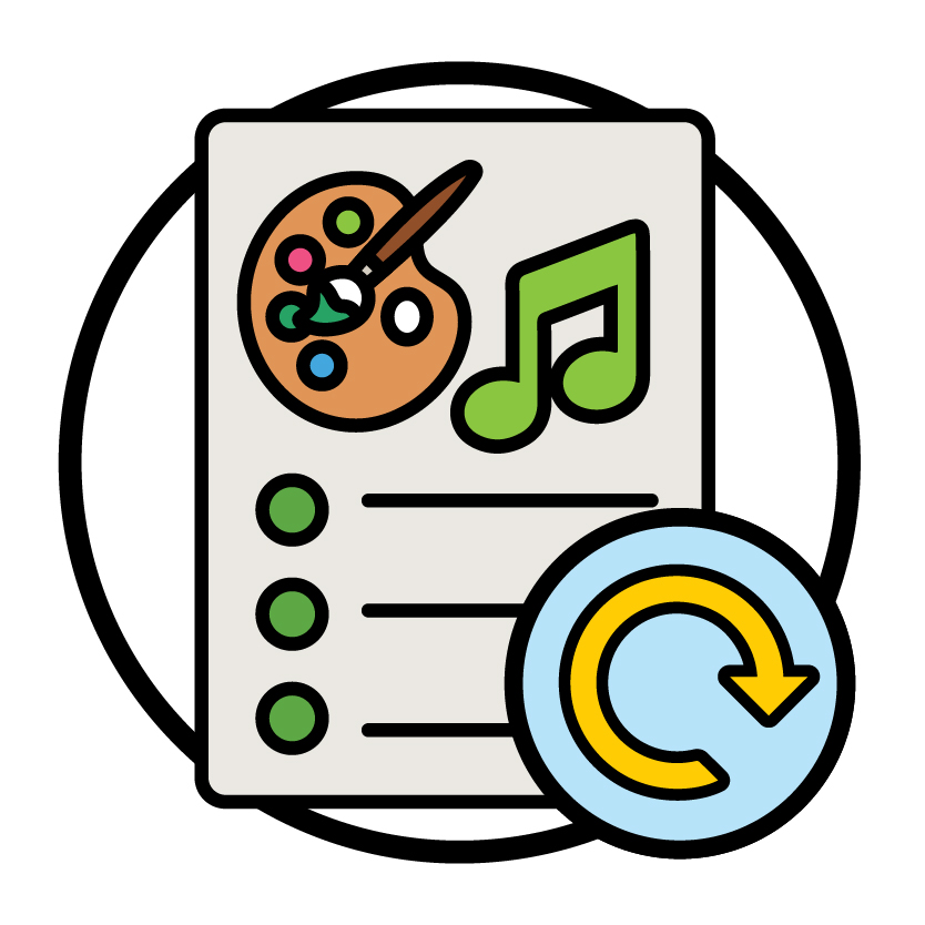 A document with a painting palette and a musical note on it. There is an update icon next to the document.