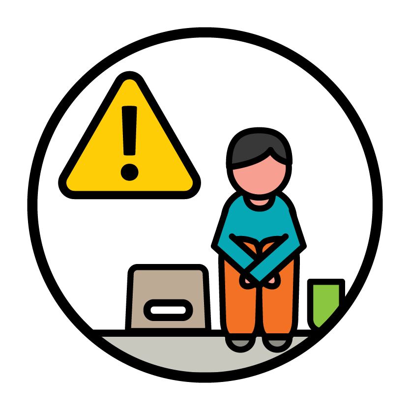 A person sitting on the street and a problem icon.