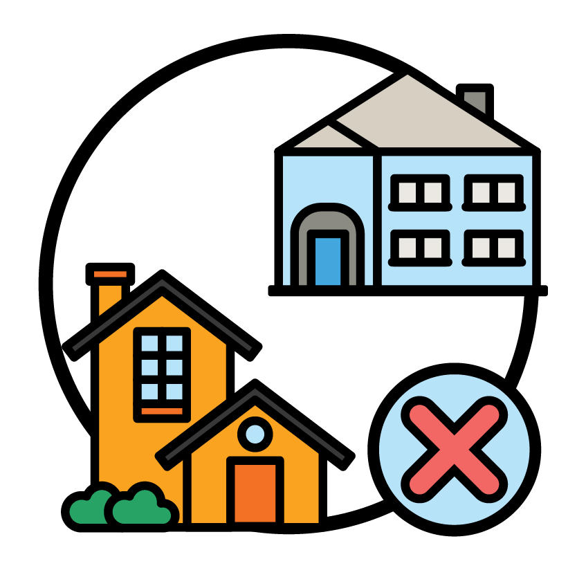 2 houses and a cross.