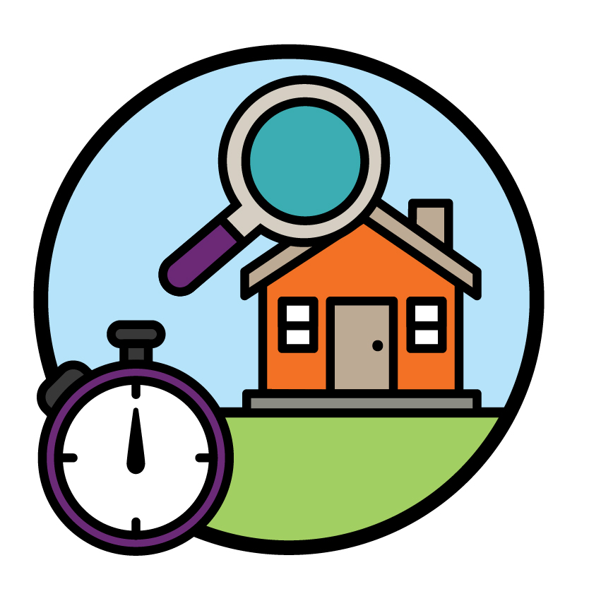 A magnifying glass, a house and a stopwatch.