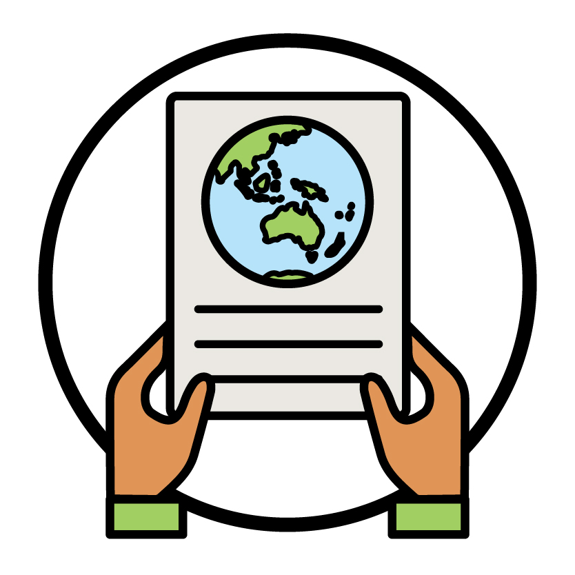 A pair of hands holding a document with a map of the world on it.