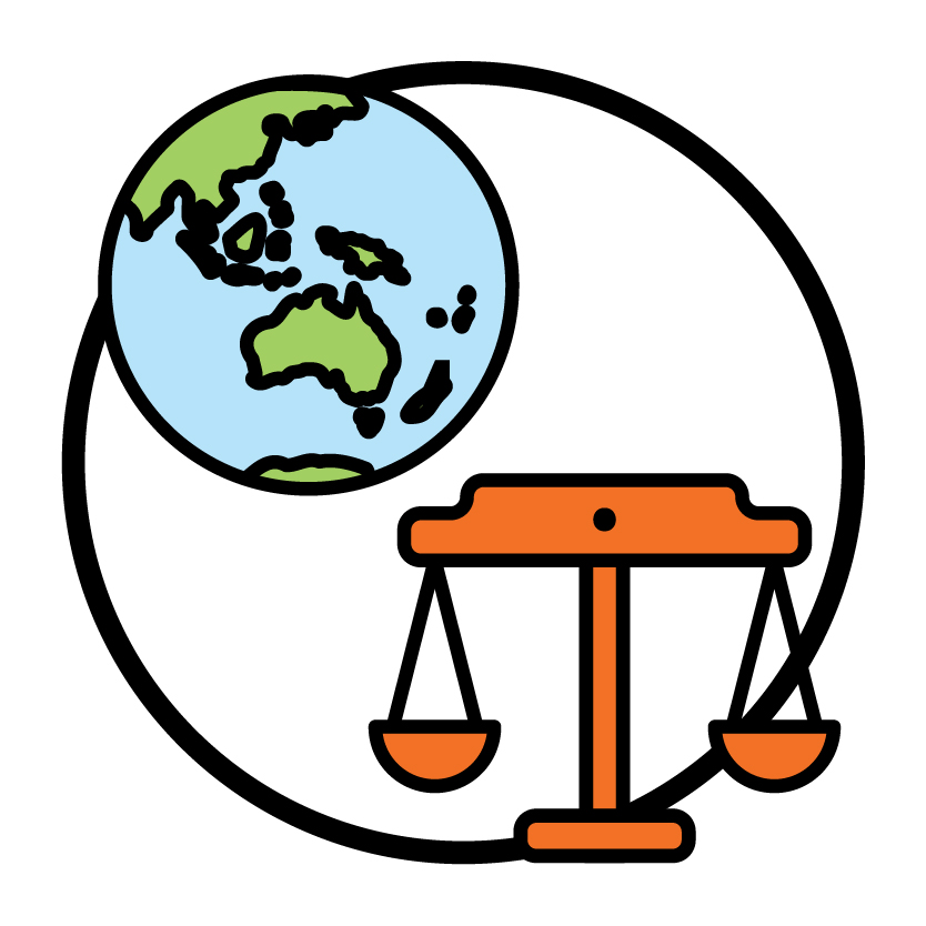 A map of the world and a rights icon.