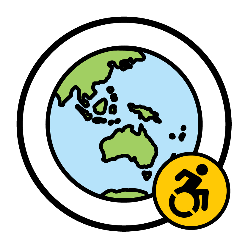 A map of the world and a disability icon.