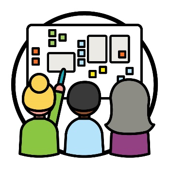 3 people working together on a large document. One person is pointing at the large document.