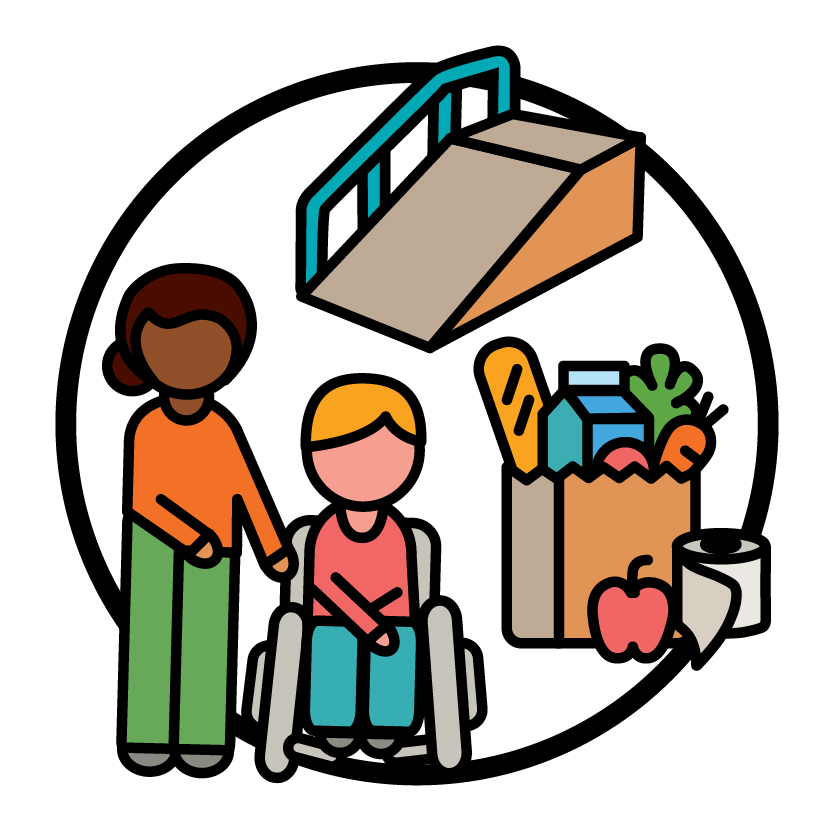 A person supporting someone, a ramp, and a bag with groceries.