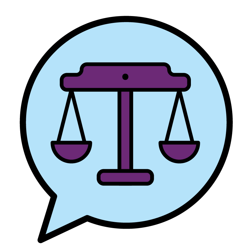 A set of justice scales inside a speech bubble.