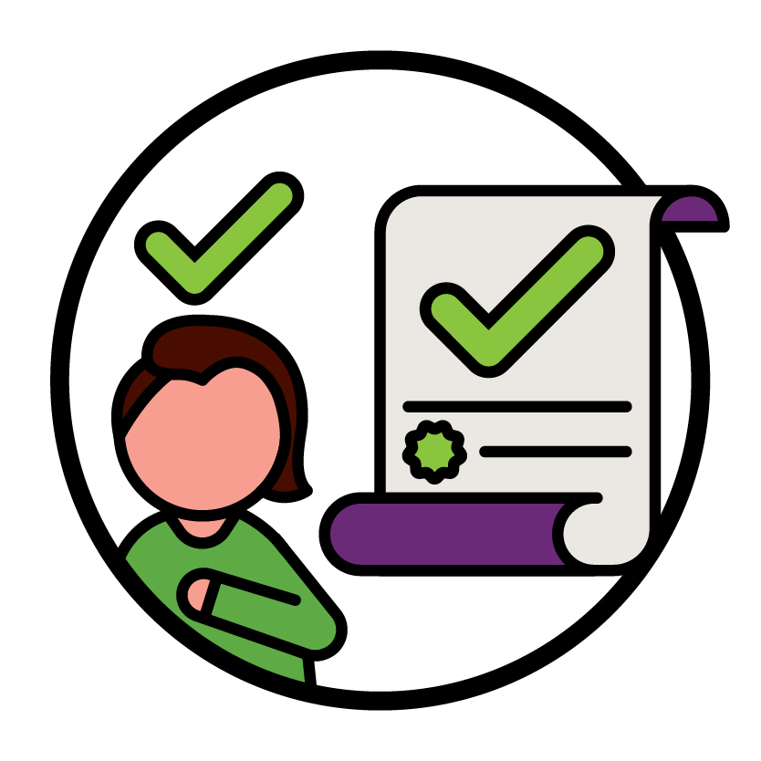 A person with a tick above them pointing to themself, and a law document with a tick on it.