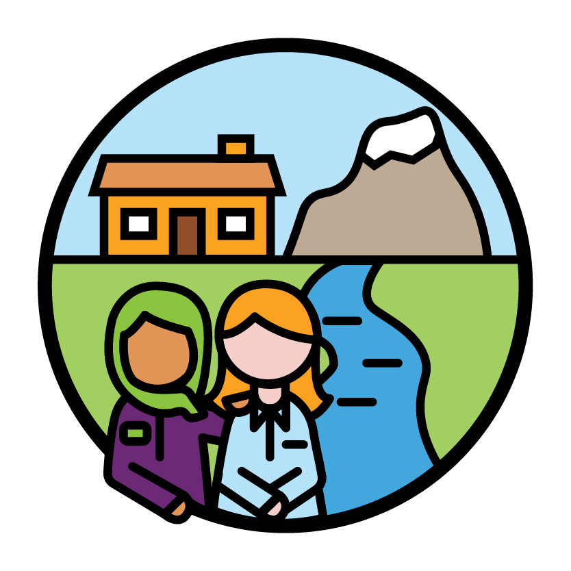 A person supporting someone. There is a house, a mountain and a river behind them.