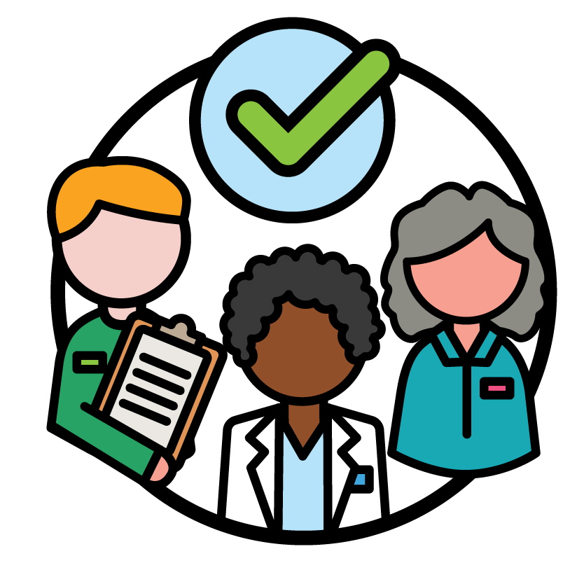 A tick above a person holding a clipboard, a doctor, and a carer.