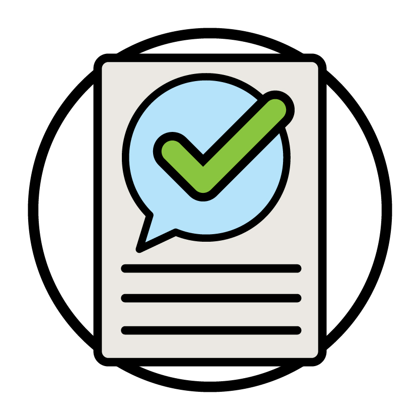 A document with a speech bubble showing a tick on it.
