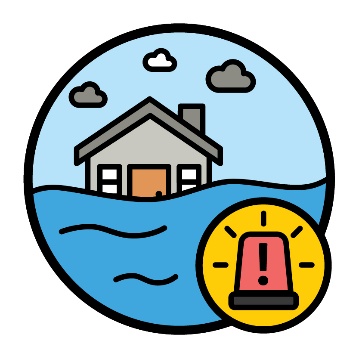 A house in a flood and an emergency icon.